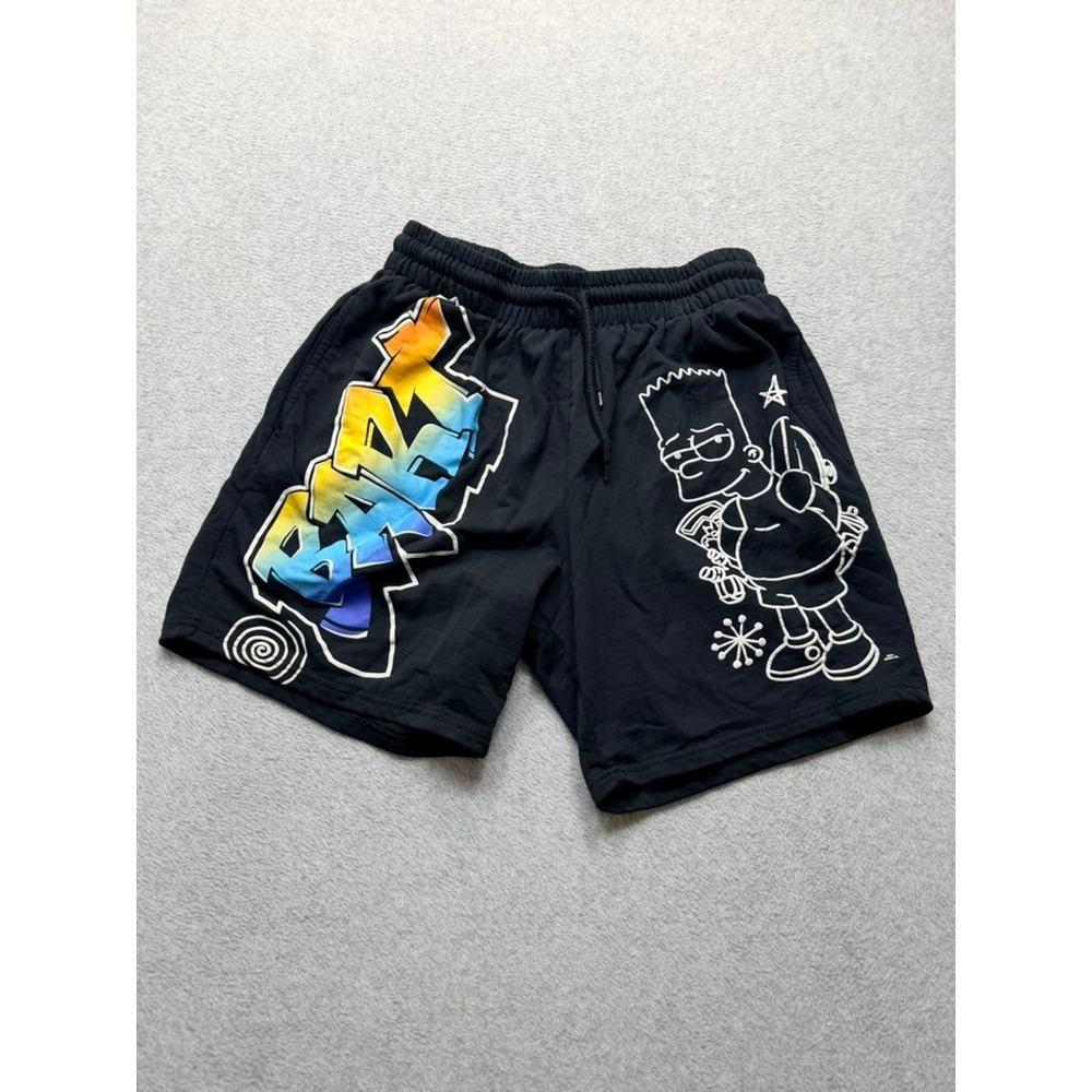 Bart Simpson Graffiti Graphic Sweat Shorts Mens Black Streetwear Drawstring L